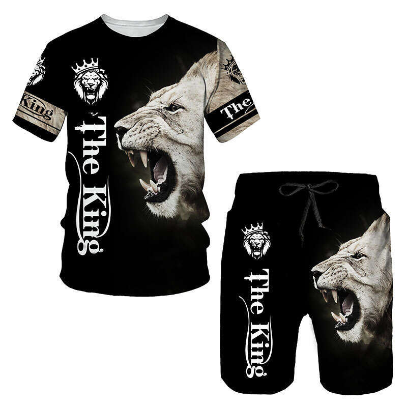 New European and American set with 3D digital printed animal images, short sleeved shorts, men's beach sports pants, new casual versatile fashion