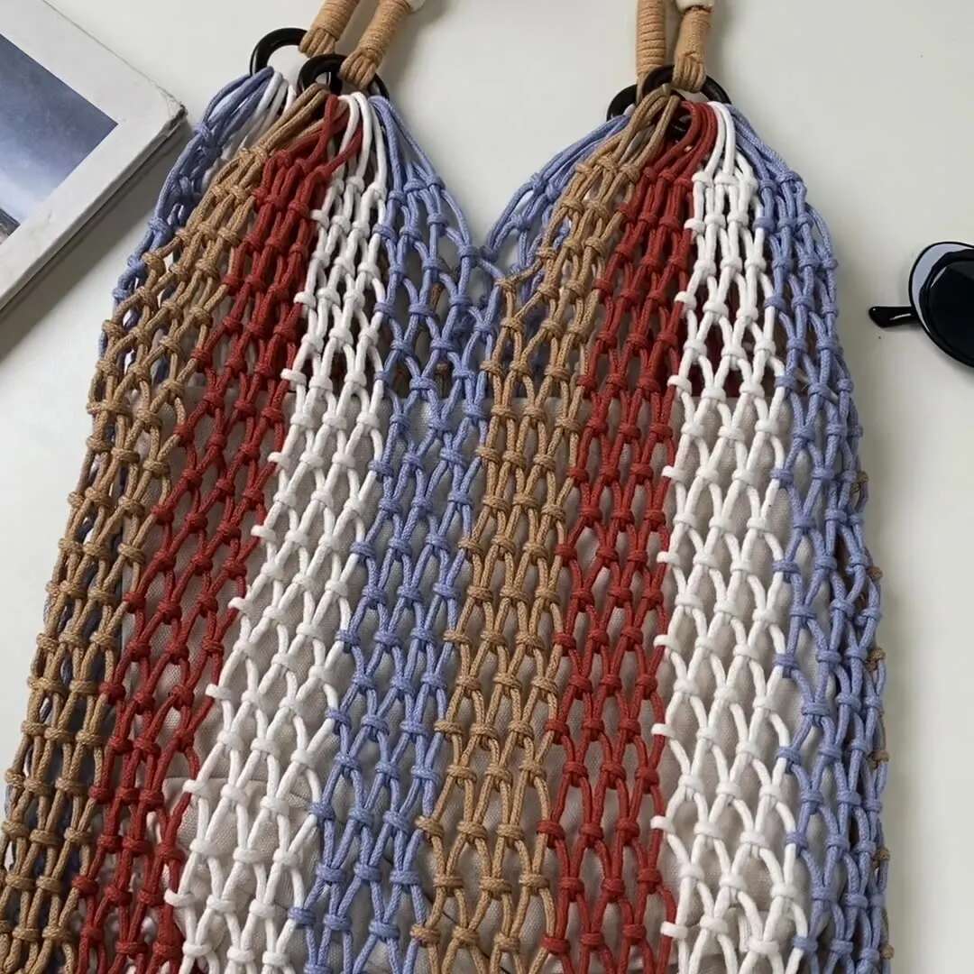 Rope Woven Handbags Knitting Tassel Tote Handmade Beach Bags For Women Round Handle Shopper Purses Female Hollow Clutch