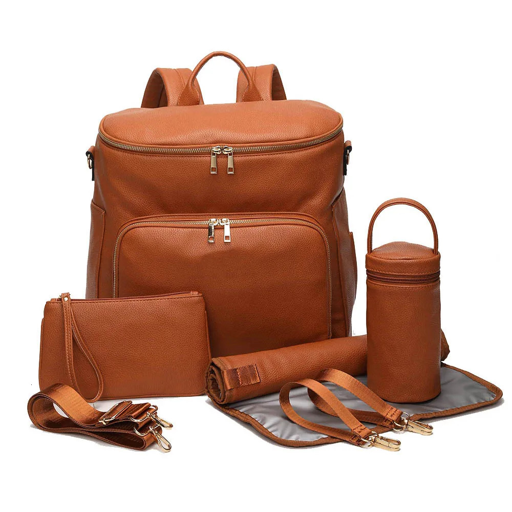 Baby Diaper Bag Backpack Solid PU Leather Maternity Bag Large Capacity Travel Back Pack Stroller Bags with Changing Pad 250407