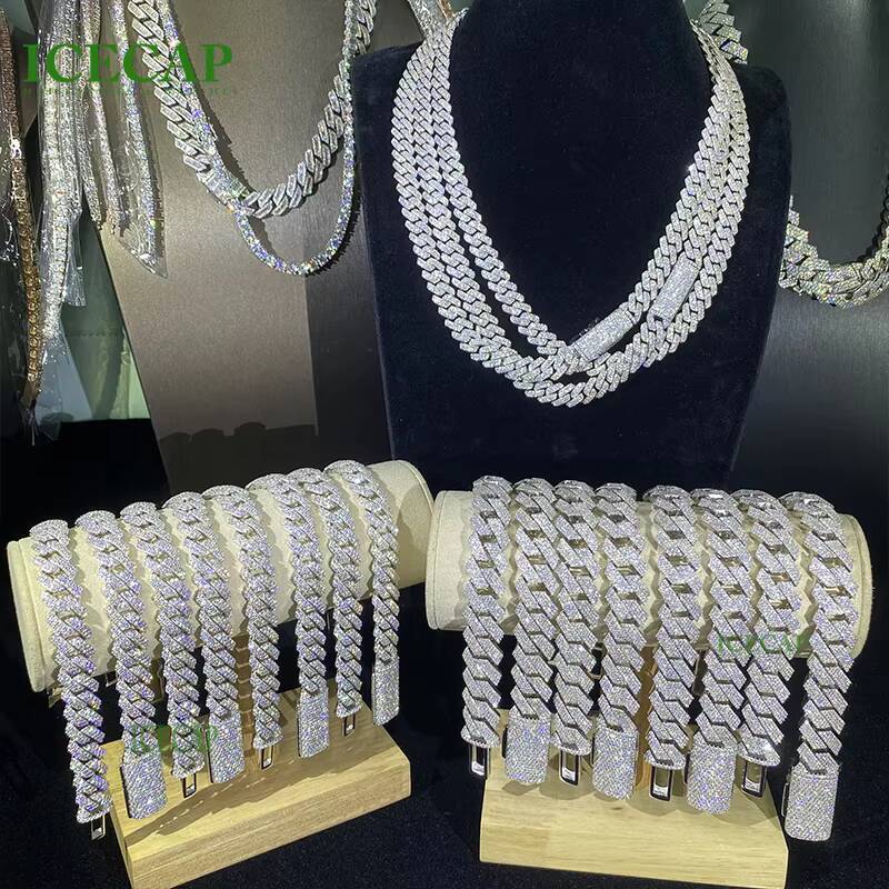 Fine Jewelry 12MM 2Rows 925 Sterling Silver Moissanite Chain Iced Cuban Bracelet for Men Women Elegant Bangles Bracelets