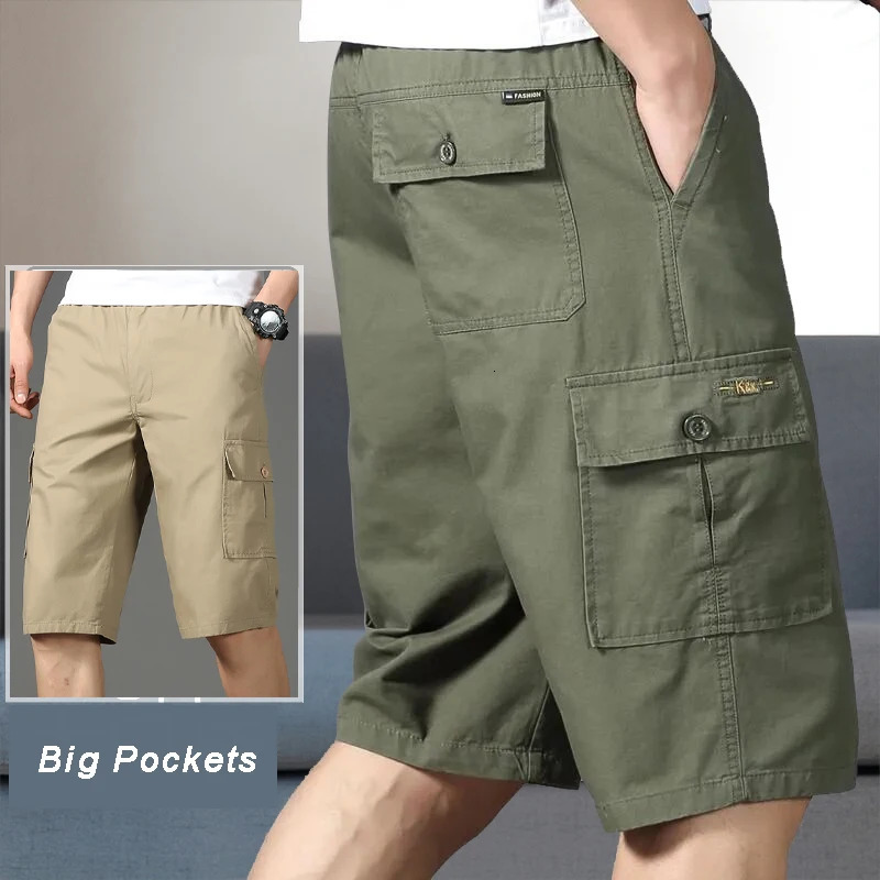 Mens cargo shorts knee pants zipper pocket summer cotton climbing jogging elastic waist sportswear 250403