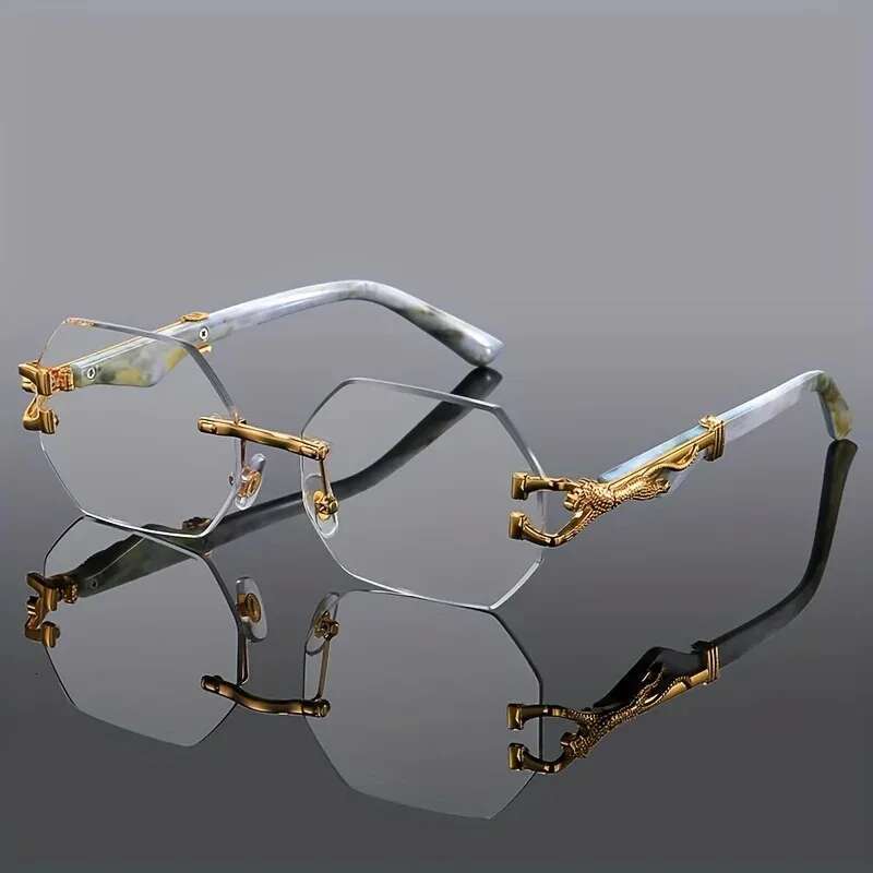 Vintage Rimless Polygonal Metal Frame Sunglasses with Leopard DesignTemples Unisex Outdoor Party Vacation Travel Driving Photo