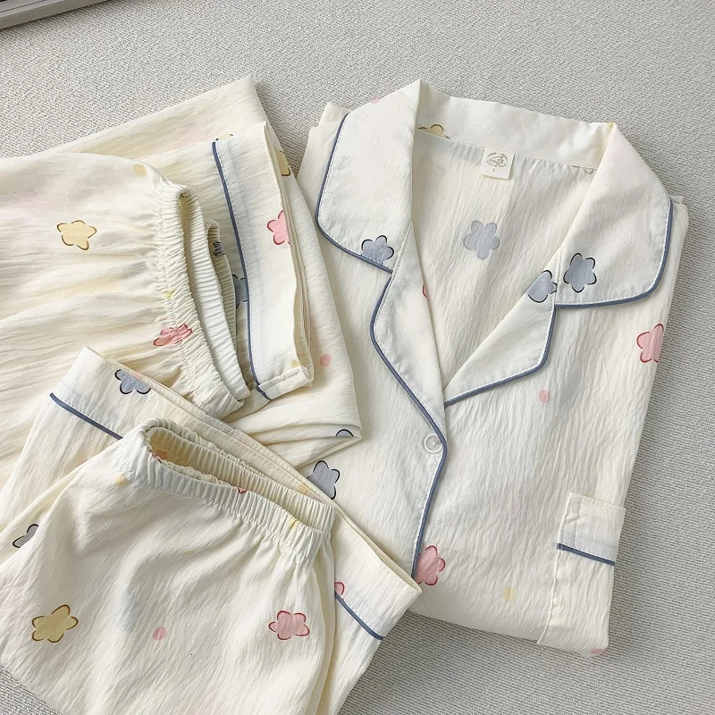 Flower Print Short Three Pieces Pajamas Set for Women Spring Summer 2025 Plus Size Womens Pajamas Set Sweet Cute Nightwear 250408