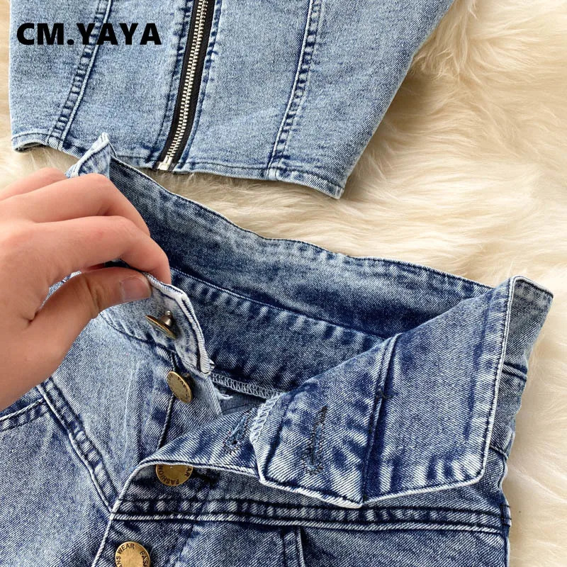 CM.YAYA Women Denim Sets Sleeveless Strap Crop Top and Long Skirts Suits Summer Jeans Streetwear Two 2 Piece Sets Outfits 250408