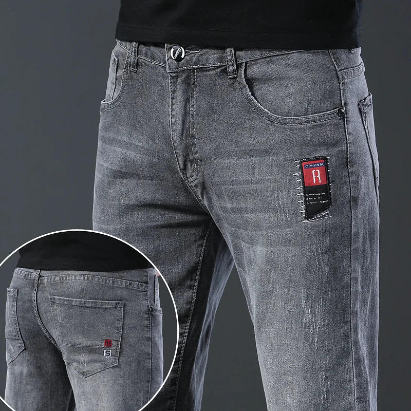 Fashionable mens clothing fashionable elastic ultrathin gray denim jeans thin high street small feet pants 250401