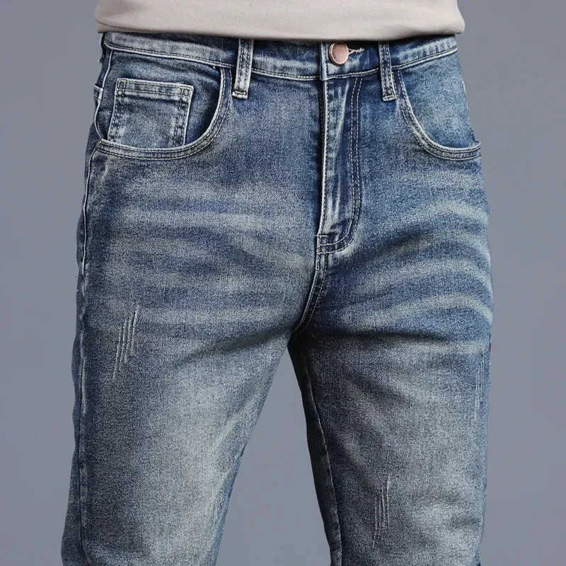 mens retro jeans Korean fashion ultrathin small feet embroidery streetwear 250401