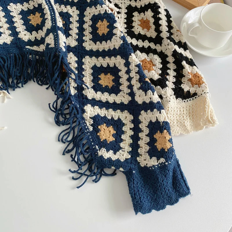 Granny Square Top Fringed Crochet Knitted Top Batwing Sleeve Pullover Sweater Women Teenage Girl Vintage Boho Festival Outfit 250408