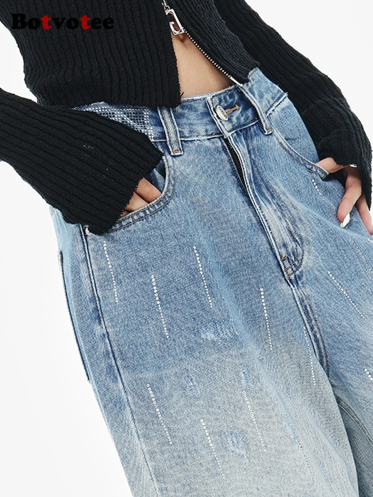 Botvotee Fashion Baggy High Waist Blue Womens Jeans Y2k Denim Pants Patch Work Clothing 250407