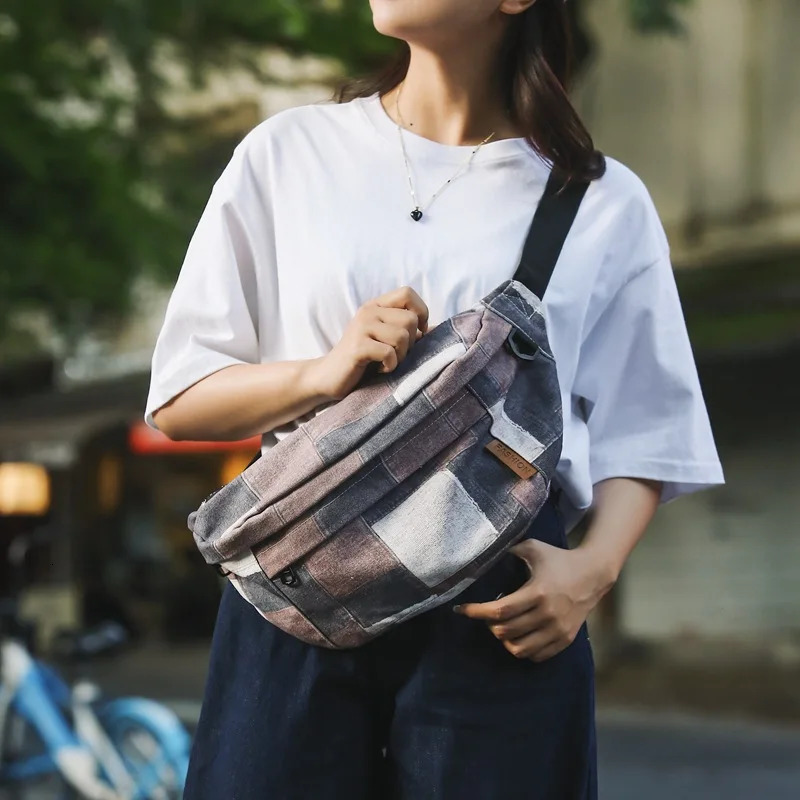 Hip Hop Plaid denim waist bag mens multifunctional waterproof retro luggage outdoor leisure sports cross body bag 250402