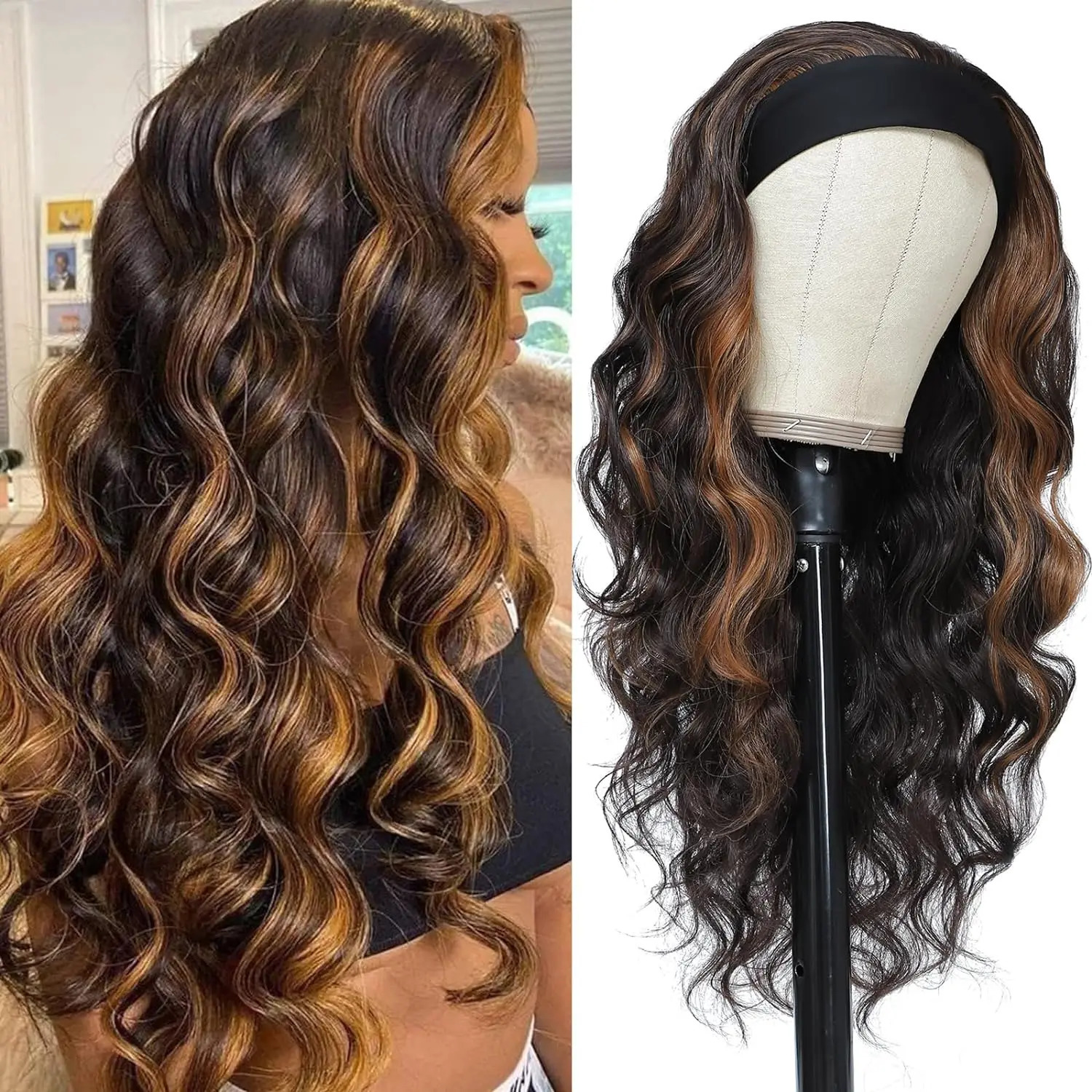 Brown high head wig with wig suitable for black women with 26 inch body wave wig headband attached with natural appearance synthetic hair wig 250407