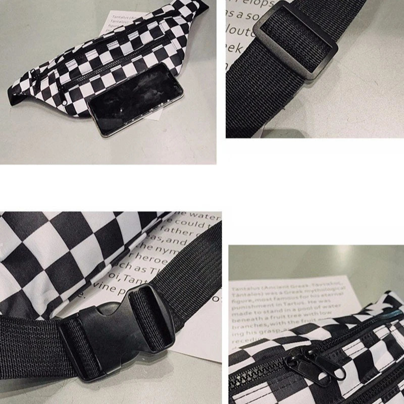 Black and white checkered waist bag womens fashion cross body bag double zipper canvas chest bag 250402