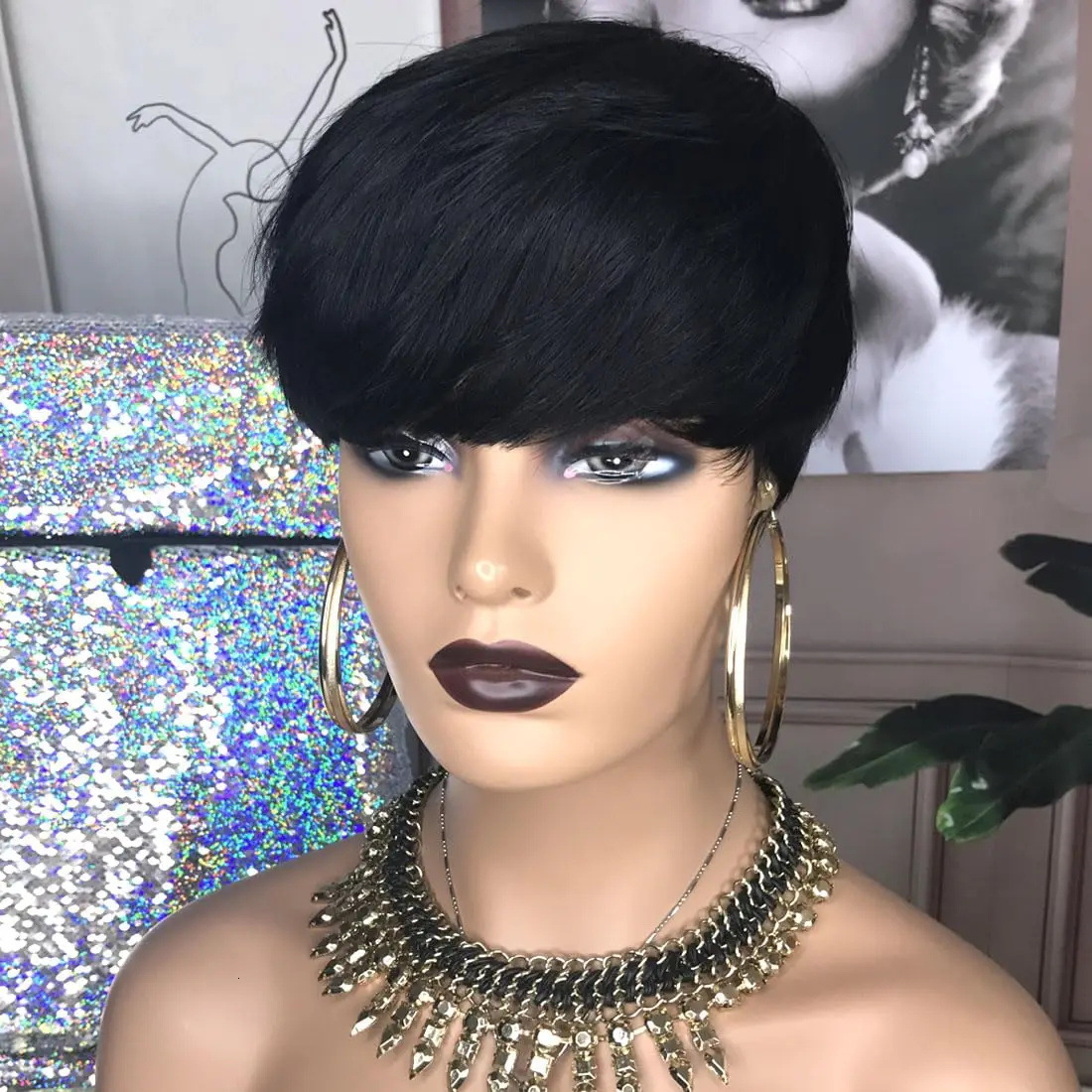 Short Straight Bob E Cut Wig Human Hair For Black