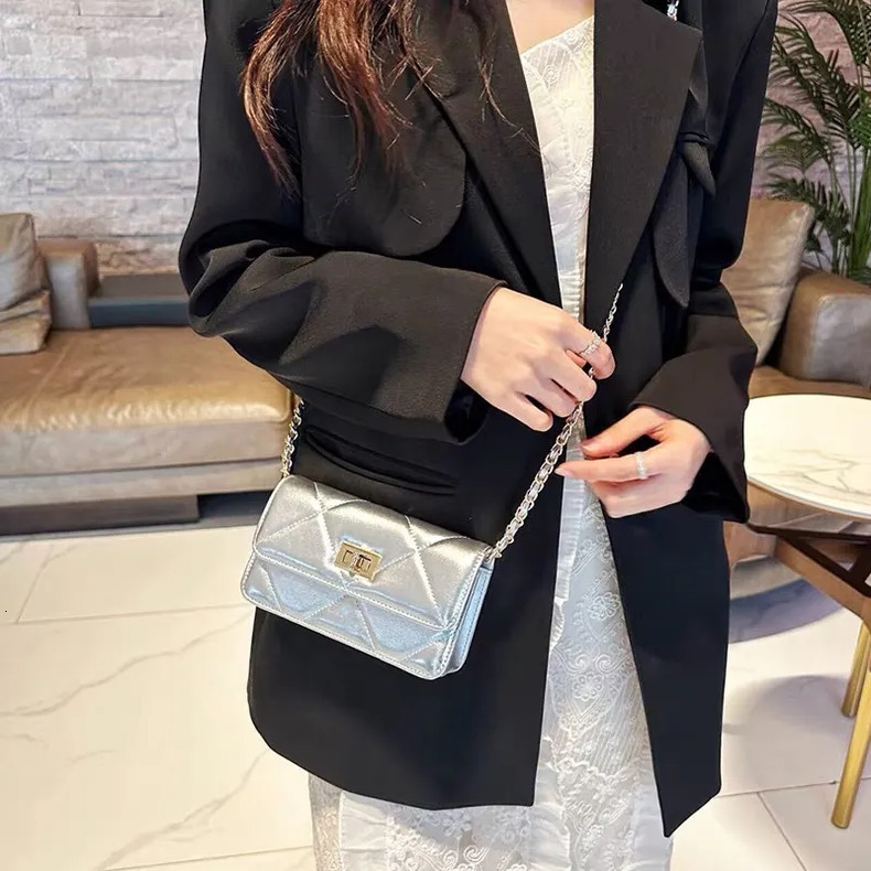 Luxury Brand Women's Bag 2025 New Silver Small Square Bag High-End Texture Quilted Bag Mini PU Leather Chain Single Shoulder Crossbody Bag - view 9