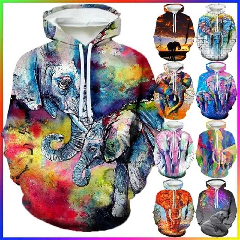 Personalized fashion animal oil painting elephant 3D printing mens winter casual hooded sweatshirt Harajuku Fun sports shirt unisex y2k top W250408