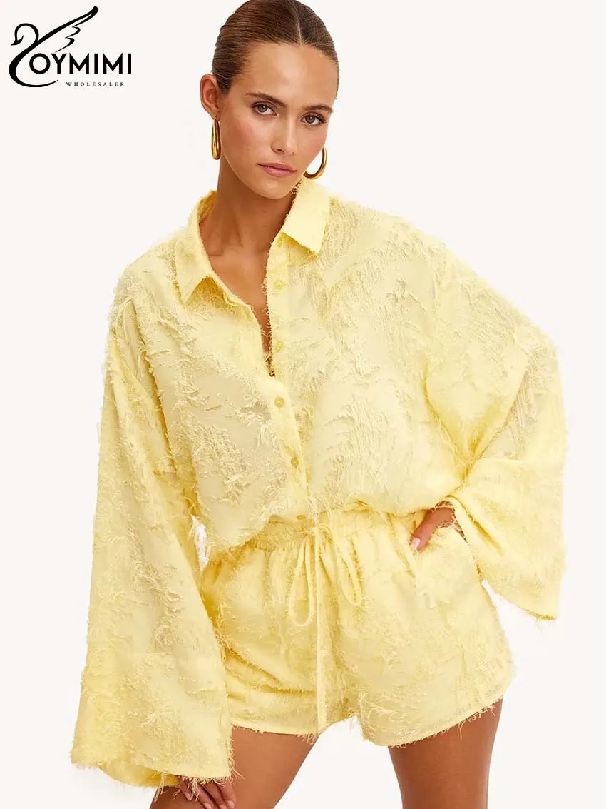 Oymimi Elegant Yellow Feather Women 2 Piece Set Outfit Fashion Long Sleeve Button Shirts And Drawstring Shorts Sets Streetwear 250407