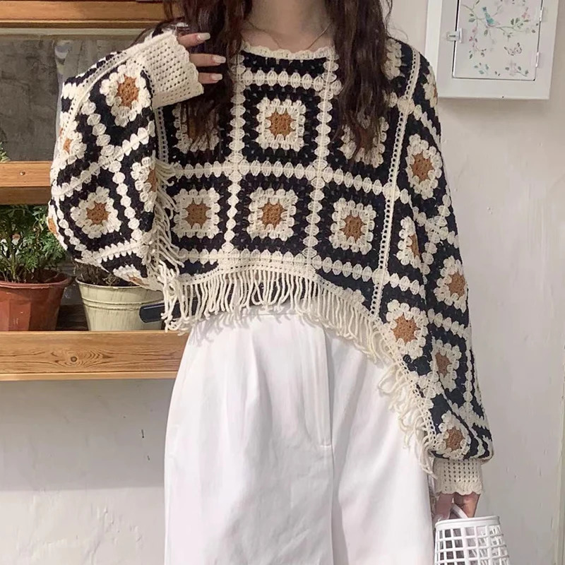 Granny Square Top Fringed Crochet Knitted Top Batwing Sleeve Pullover Sweater Women Teenage Girl Vintage Boho Festival Outfit 250408