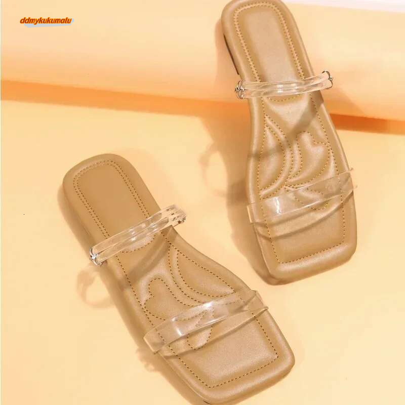 2024 New Women's Slippers Fashion Summer PVC Transparent Open Toe Sexy Square Head Large Casual Flat Sandals 35-42 ddmykukumalu