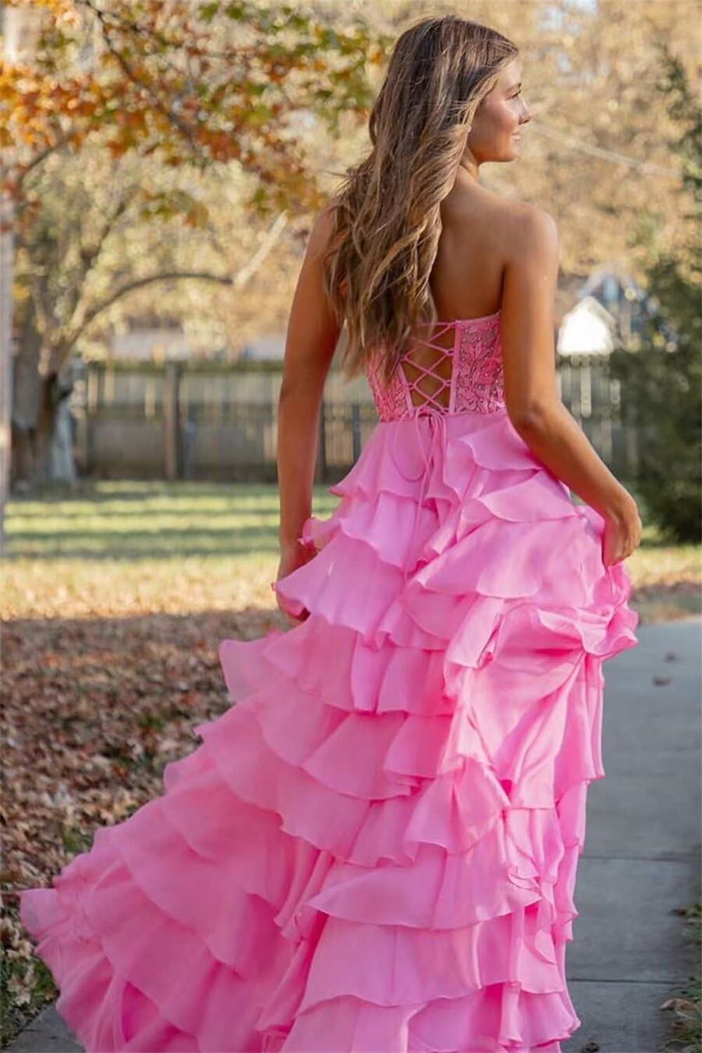 Long Prom Dresses Elegant Tiered Split Lace V-Neck Lace-up A-Line Plus Size Formal Occasion Evening Party Gown Pd13