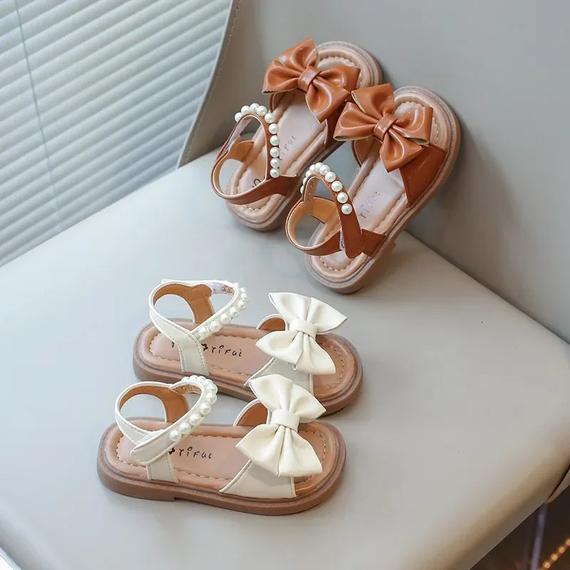 Toddlers Girls Leather Sandals Princess Soft with Pearls Bowtie Sweet Children Holiday Sandals Chic Open Toes Kids Summer Shoes 250407