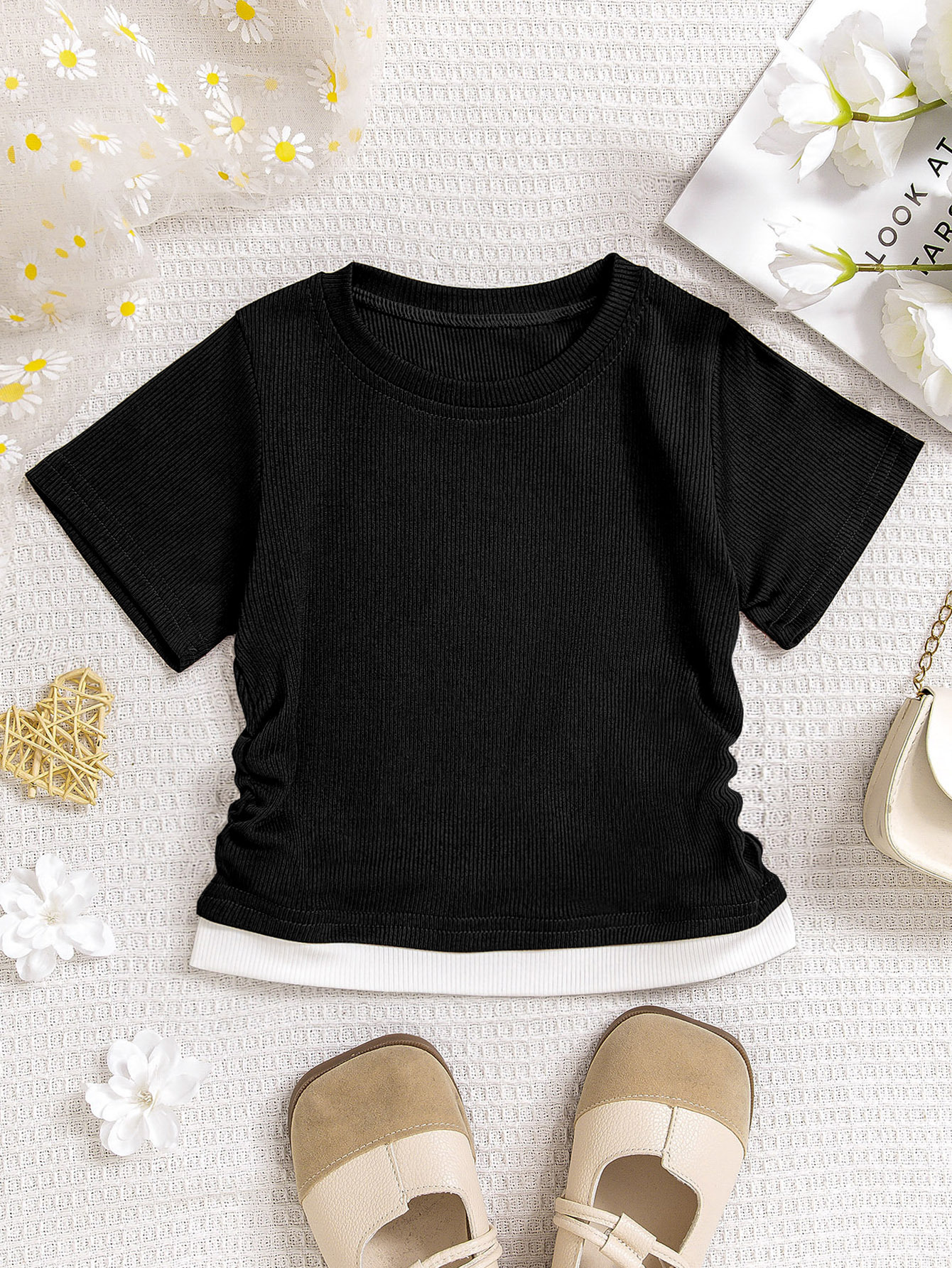 Ddmyshoesvip Splicing Fake Two Slim Fit T Shirts Contrasting Colors Sexy Short Style Girls Solid Color Pleated Design Top
