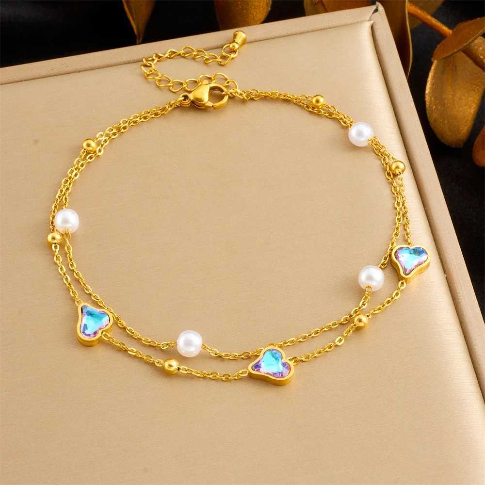 DIEYURO 316L Stainless Steel Colorful Heart Love Pearl DoubleLayer Anklet For Women Fashion New Foot Chain Jewelry Holiday Gift Z250408