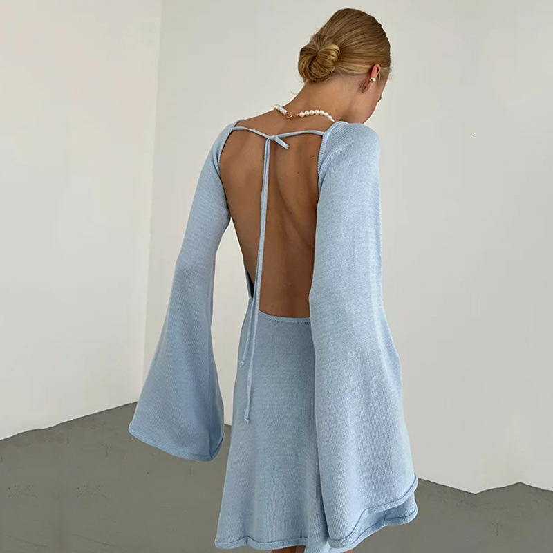 2025 new sexy backless dress with flared sleeves for women loose beach vacation short skirt