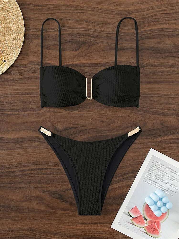 Dongdumaoyi Sexy U Neck Bikini Set Women Solid White Black Push Up Pleate Micro Swimsuit Brazilian Cut Out Bathing Suit Thong Swimwear