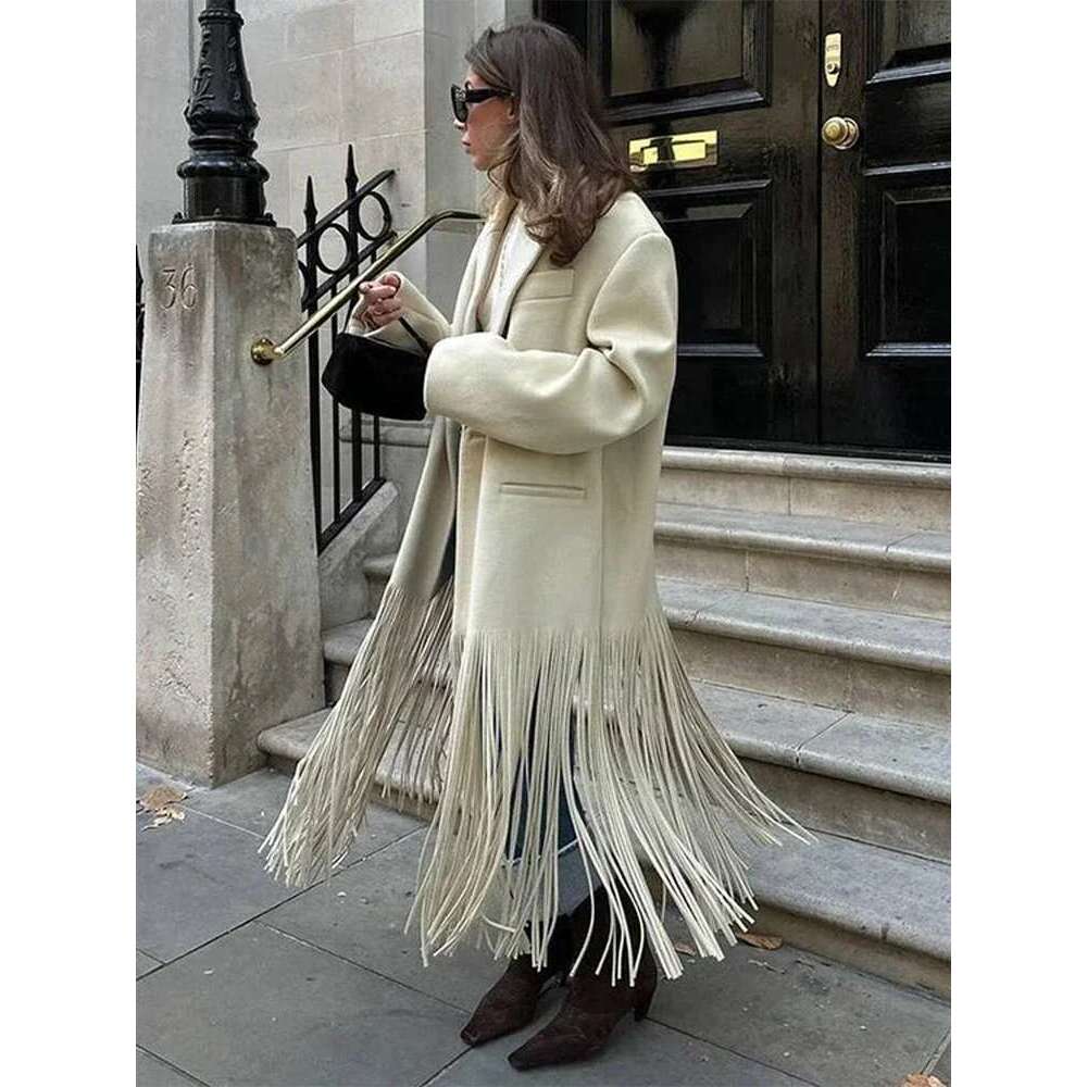 Fashion Woolen Tassels Long Coats For Women Turn-Down Collar Single Breasted Pockets Jacket Female Elegant Solid Lady Overcoats