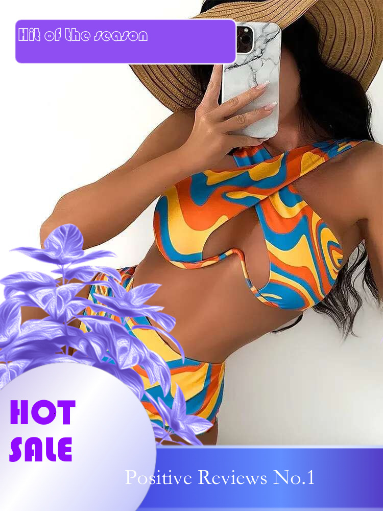 Dongdumaoyi Sexy Underwire Bikini Set Women Orange Wave Designer Halter Cross High Waist Swimsuit Summer Bathing Suit Piece Swimwear