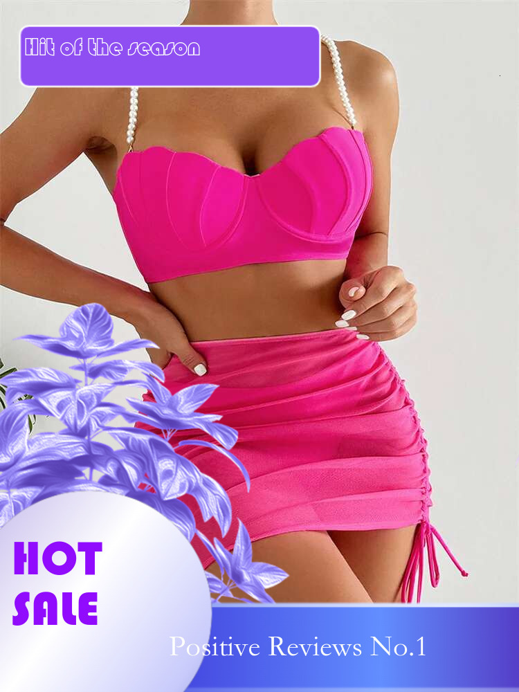 Dongdumaoyi Pearls Straps Shell Underwire Bikini Set Women Hot Pink Push Up Pleate Skirt Pcs Swimsuit Bathing Suit High Waist Swimwear
