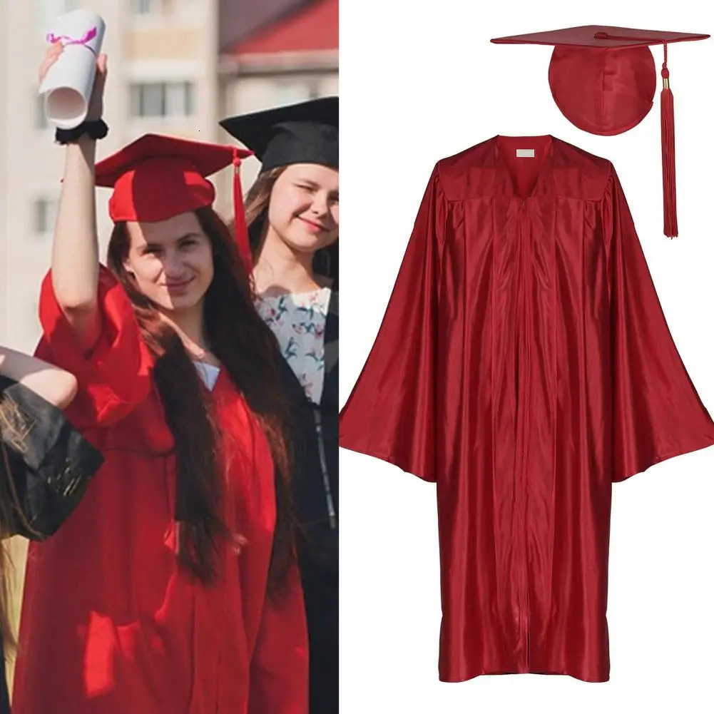 Unisex Graduation Robe Hat Set Front Zipper Loose Tassel Year Tag College Bachelor Doctor Master Graduation Ceremony Gown 250407