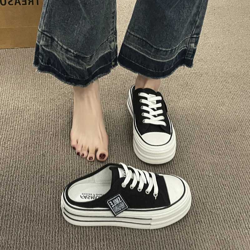 2024 summer new thick slider Fi casual sandals canvas boots high heels Fem indoor low sports shoes Y250408