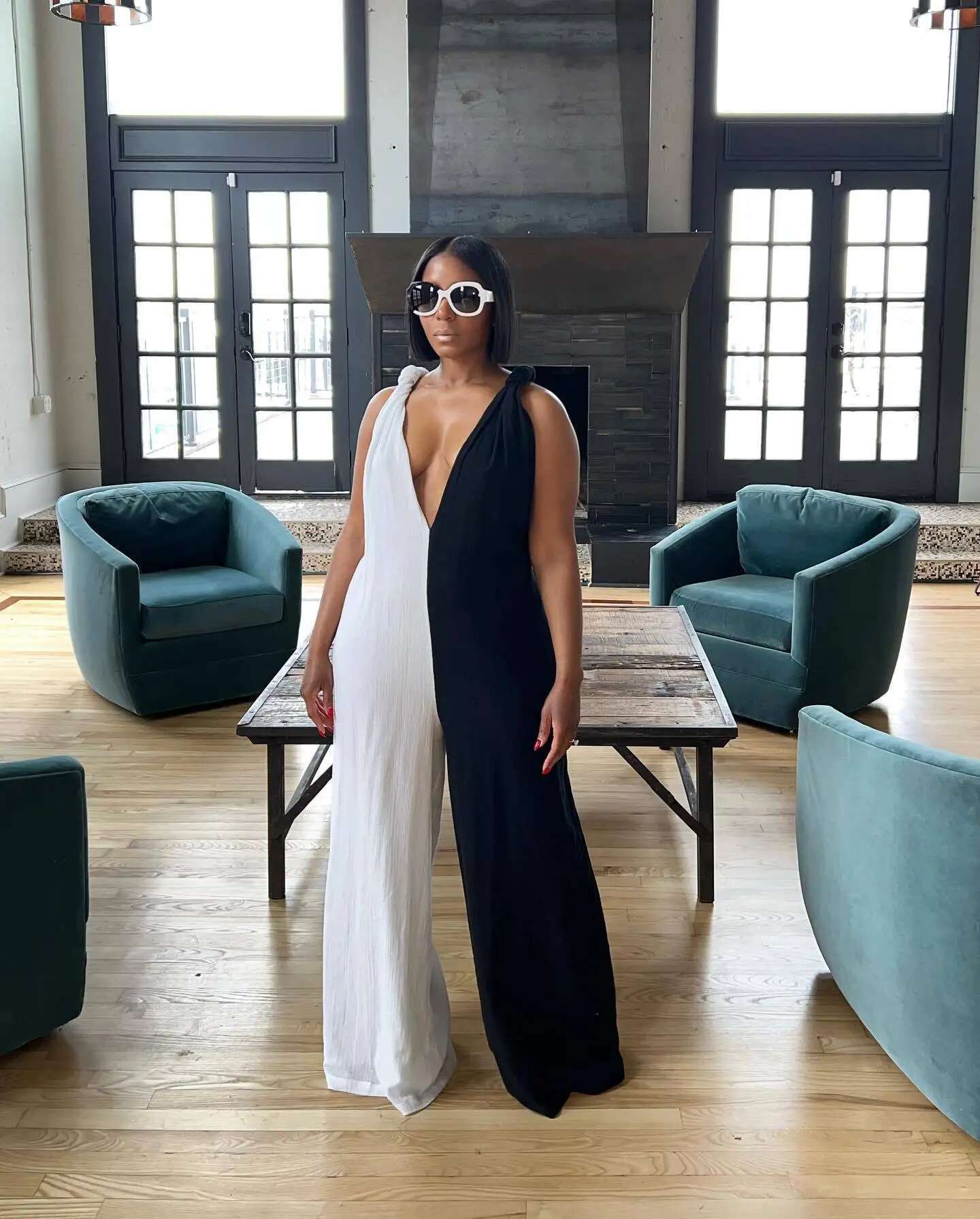 Women Clothing New Fashion Black And White Color Patchwork Spaghetti Strap V-Neck Backless Casual Loose Pants Jumpsuit
