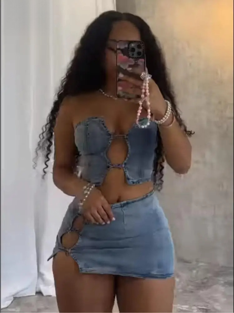 Stretch Denim 2 Piece Sets Women Sexy Cutout Tube Tops And Split Mini Hip Skirts Matching Streetwear Party Club Outfits