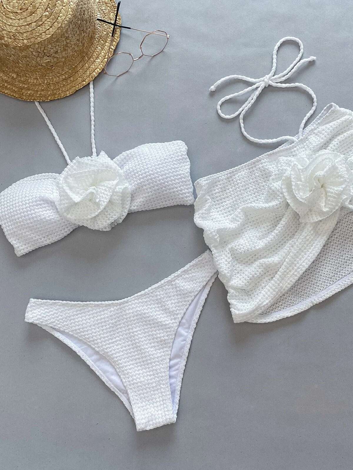 Dongdumaoyi Piece Purple White Bikini Set Women Bandeau Big D Flower Designer Swimsuit Beach Push Up Bathing Suit Skirt Swimwear