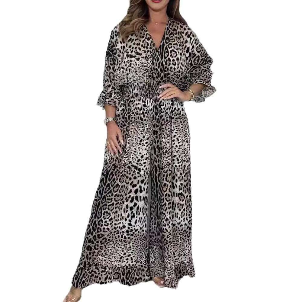 European American women's fashion leopard print casual wide leg jumpsuit 2025 new style chic and elegant clothing