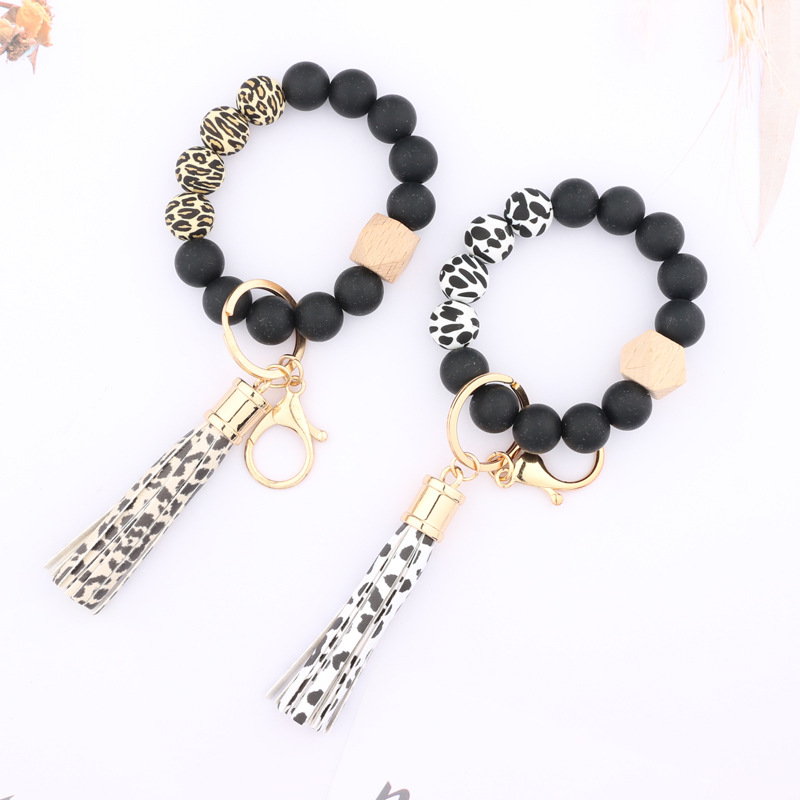 Silicone Key Ring Bracelet Beaded Wrislet Keychain Portable House Car Keys Holder Wristlet Wrist for Women Bangle Cute Keyrings Chains Girls with Leat