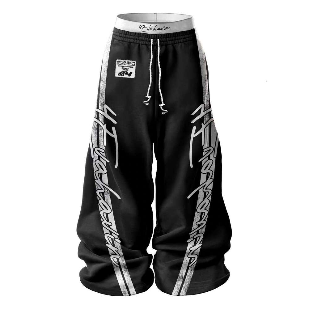 American hip-hop street style unisex double waisted design loose large three-dimensional printed casual pants