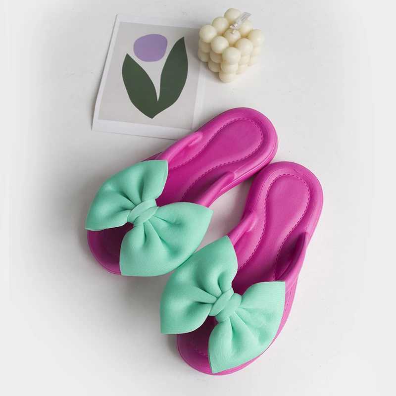 2024 New Womens Bow Slide Adult Sweet N-Slip Bow Flip Cover Girl Soft Candy Color Fi Flat Slide Indoor SandalsXJ250407