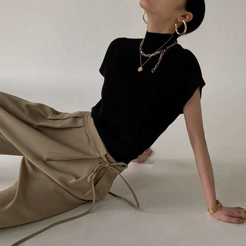 Fashion Vest Shirt Solid Stand-Up Collar Knitted Sweater Short Sleeve Office Lady Loose Elegant All-Match Straight Tops 20397