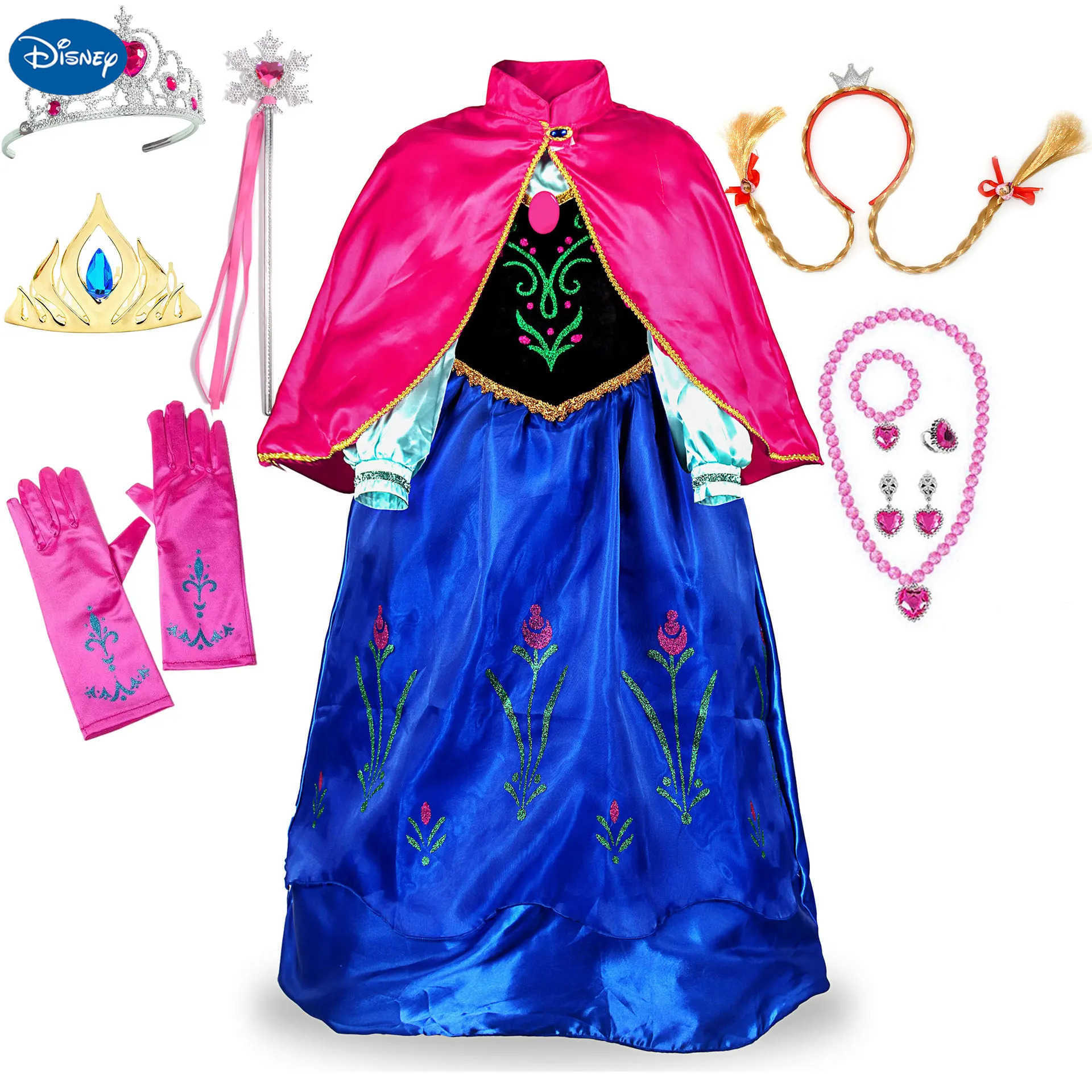 Disney Fuchsia Anna Dress with Cape for Kids Carnival Princess Dress Up Frozen Party Costume Girl Halloween Comic Exhibition Event Anna Dress Up X2504
