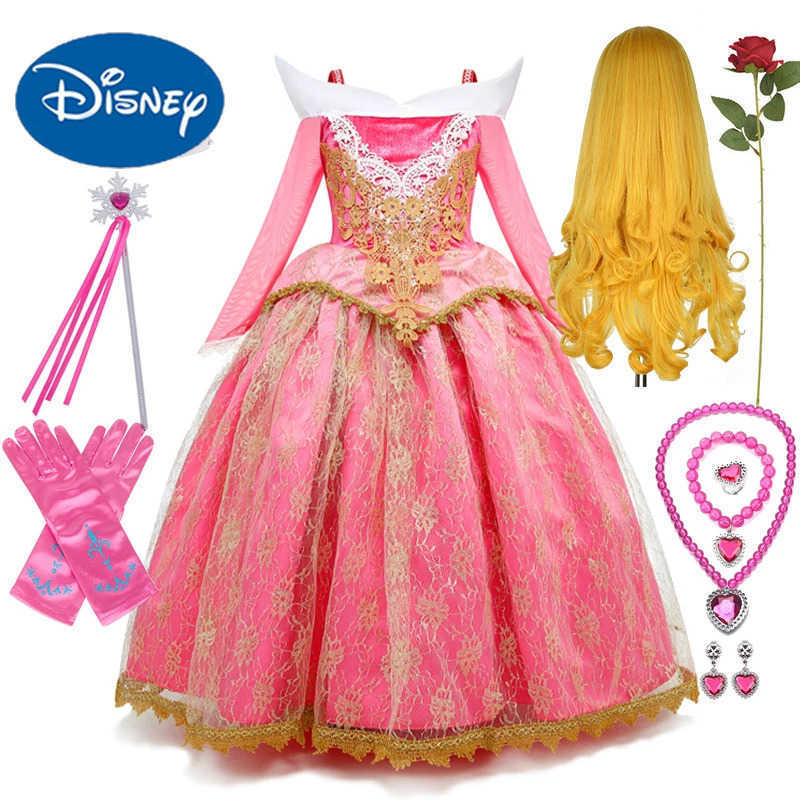 Disney Girls Sleeping Beauty Pink Luxury Princess Halloween Role Playing Dress Off Shoulder Kids Fancy Party Princess Clothing Outfits X250408