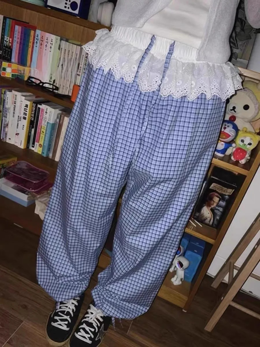 Korean style cute dress plain weave lace casual pants Baggy fresh Harajuku straight pants Y2k wide leg pants 250402