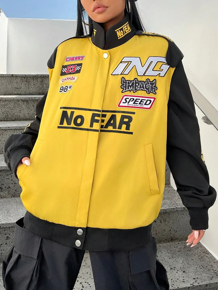 Black and yellow shoulder patchwork womens heavyduty industrial jacket 250407
