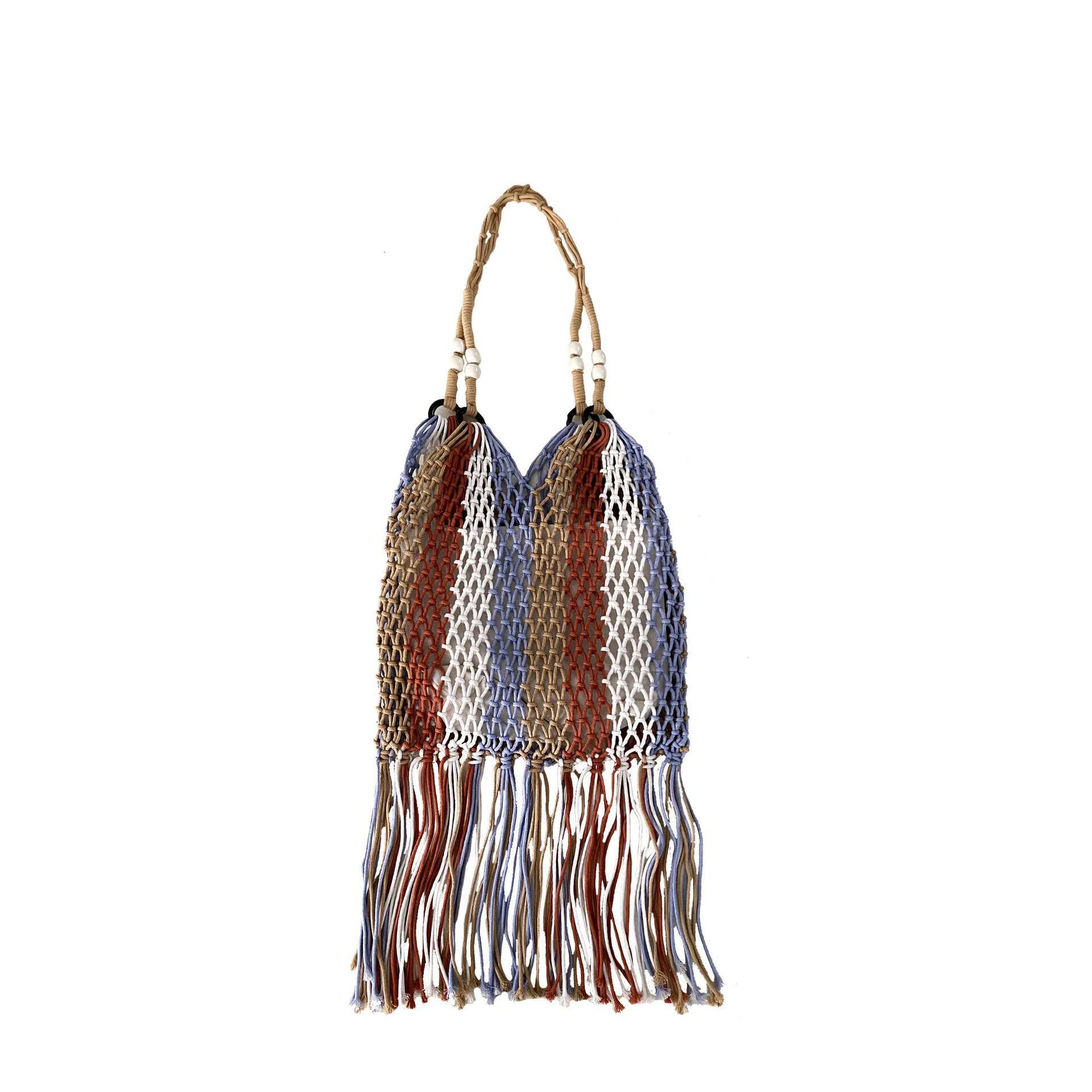 Rope Woven Handbags Knitting Tassel Tote Handmade Beach Bags For Women Round Handle Shopper Purses Female Hollow Clutch