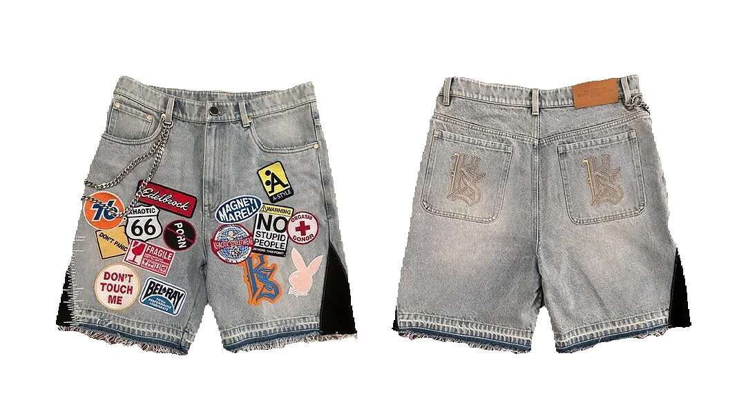 Y2K jeans, men's and women's hip-hop cartoon pattern street clothing, patchwork denim short, retro blue loose denim, Fierss casual shorts