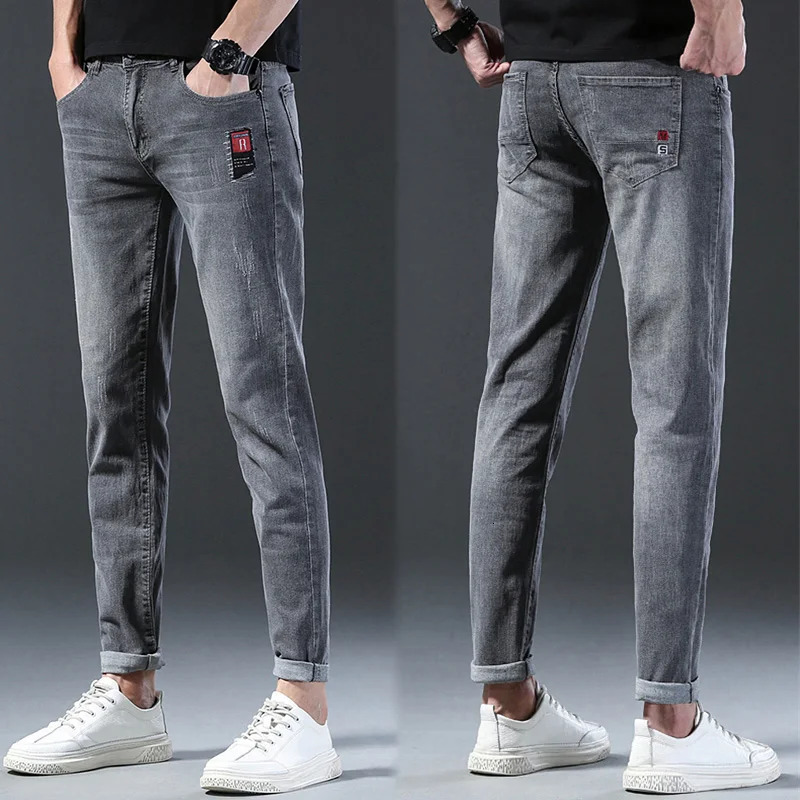 Fashionable mens clothing fashionable elastic ultrathin gray denim jeans thin high street small feet pants 250401