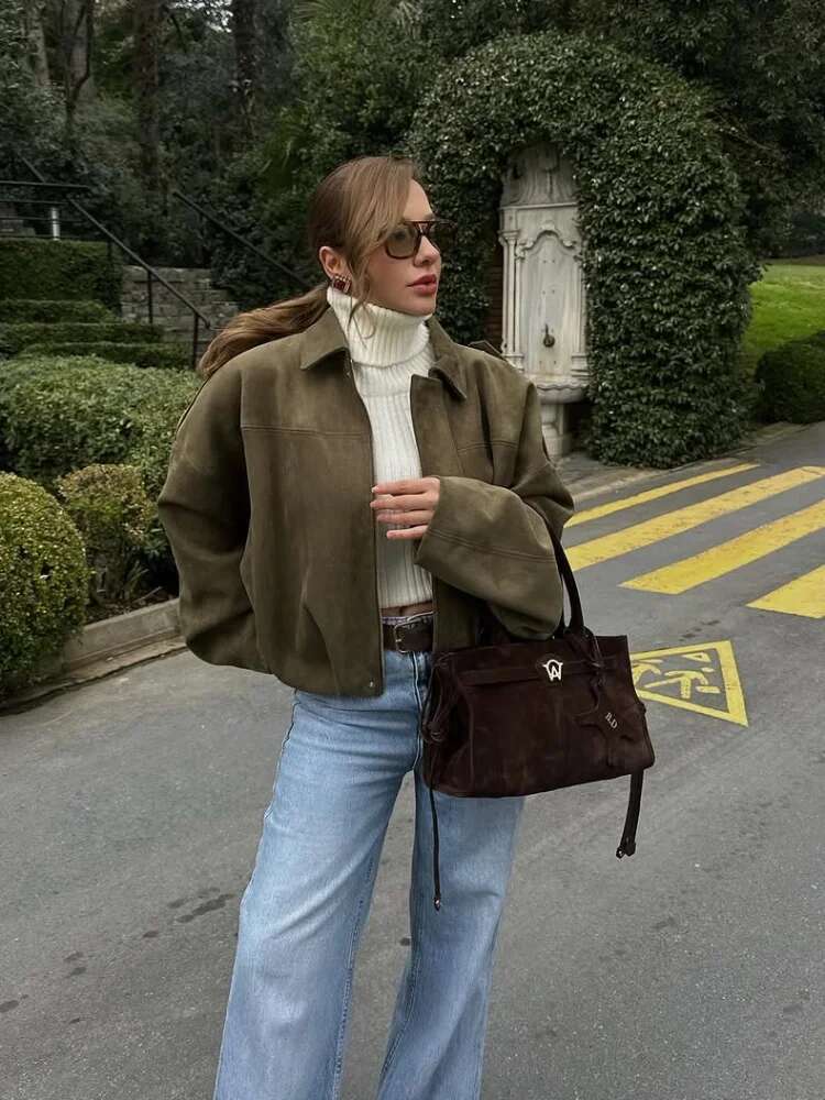 Women Green Suede Short Jacket Fashion Full Sleeve Zipper Lapel Pocket Loose Thick Coat Lady Spring New Casual Commute Outwear