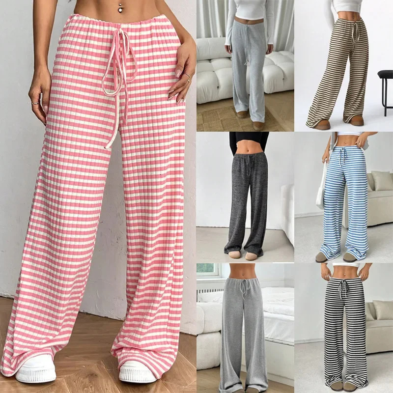 Casual cotton striped solid color elastic rope brushed straight leg pants for autumn and winter womens fashion crossover long gray 250407