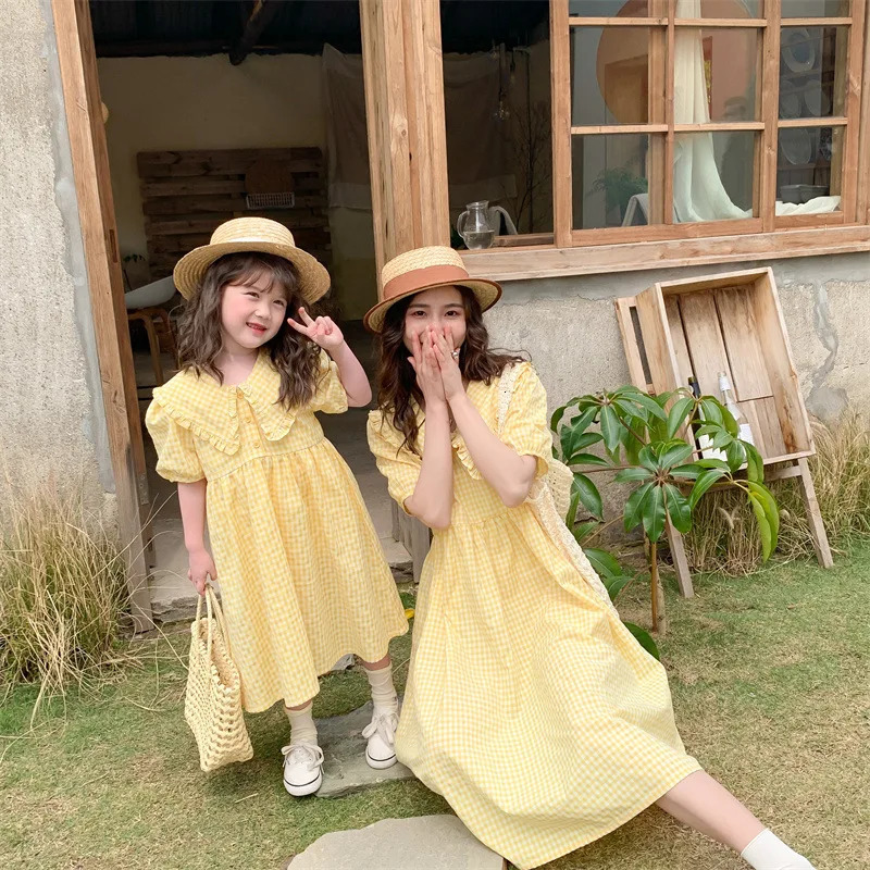 Mother Daughter Matching Dresses Summer Family Matching Clothes Cute Yellow Plaid Dress Mommy and Me Dress Short Sleeve Outfits 250407